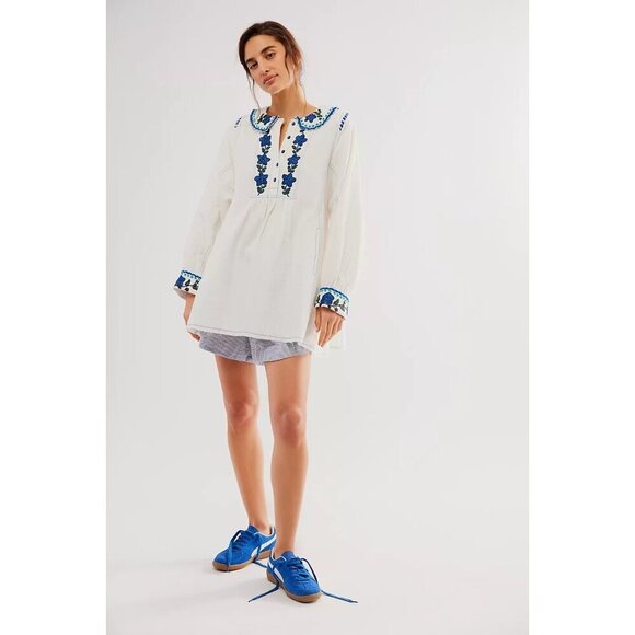 NEW FREE PEOPLE MORE TO COME EMBROIDERED LONG SLEEVE IVORY MINI DRESS LARGE - Picture 1 of 13